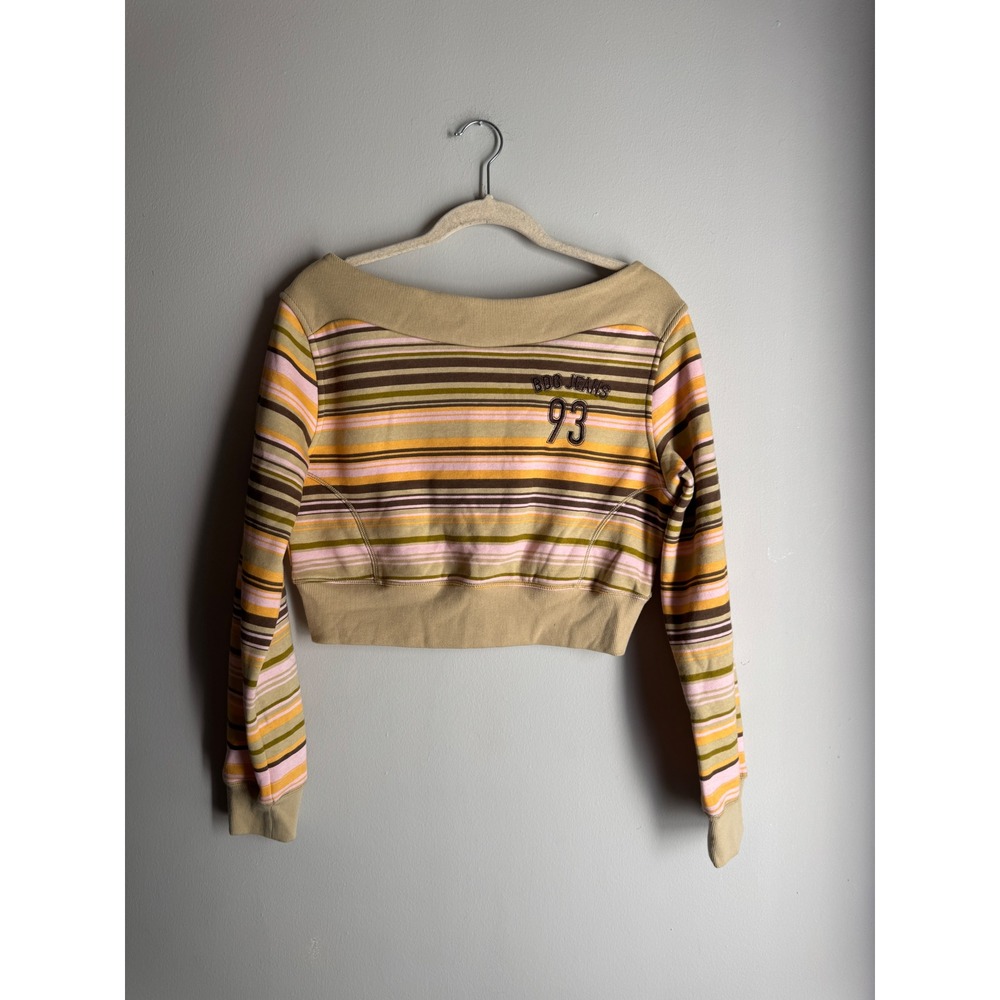 BDG Urban Outfitters Striped Cropped Sweatshirt Off Shoulder Tan Pink Orange M